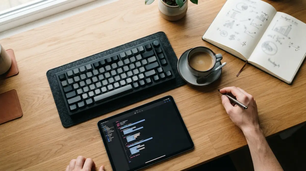 Un bureau minimaliste avec un clavier mécanique, une tablette affichant du code et un carnet de notes sur un budget.