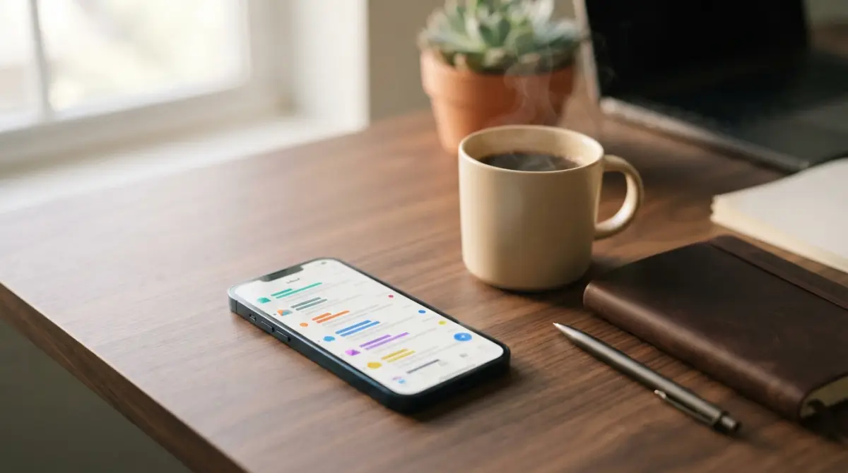 Un bureau minimaliste avec un smartphone affichant une boîte de réception organisée par étiquettes colorées, accompagné d'un café.