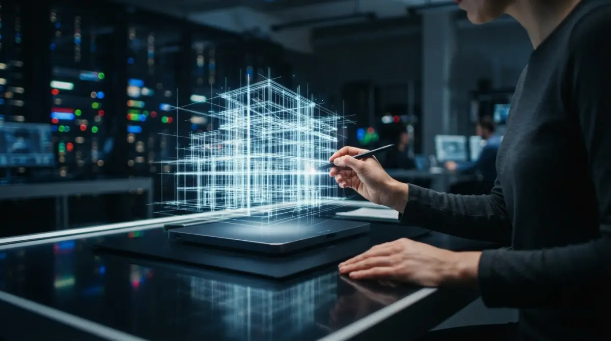 Une interface holographique complexe s'affiche sur un bureau sombre, représentative de la planification de systèmes IA autonomes.