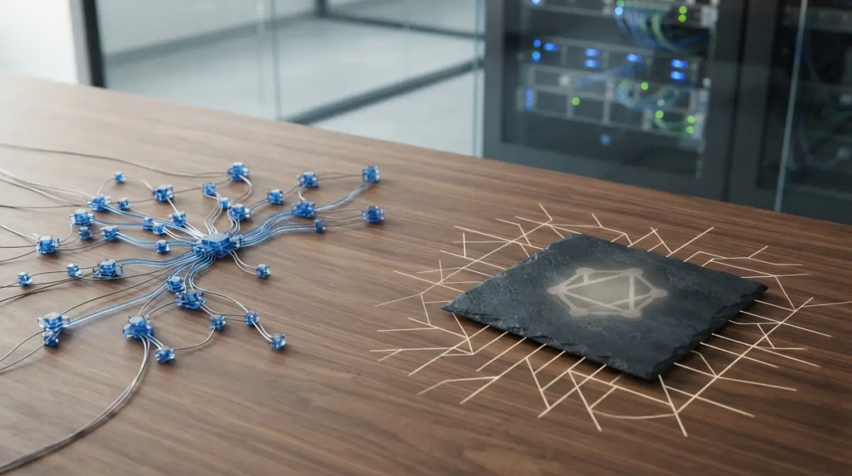 Plan rapproché d'un bureau avec des notes REST et un logo GraphQL interconnectés par des lignes lumineuses sur fond de baie serveur.