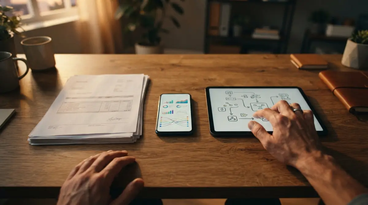 Un bureau moderne avec des factures papier, un smartphone affichant un tableau de bord comptable et une tablette avec des graphiques.