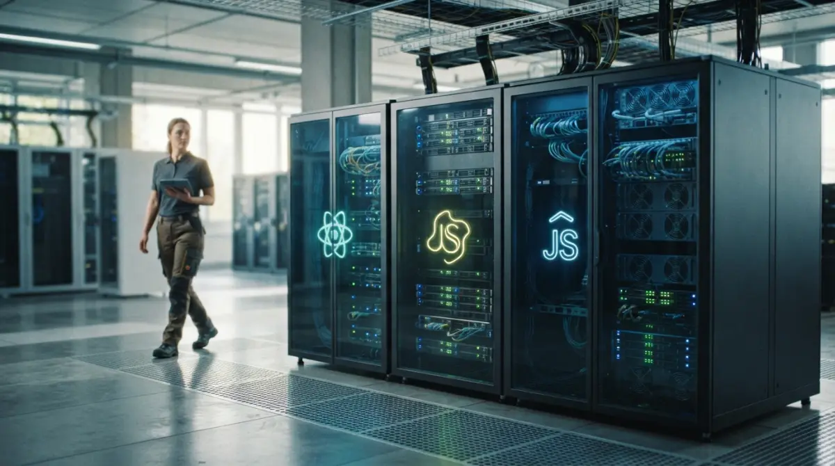 Trois baies de serveurs modernes dans un centre de données, illustrant la comparaison entre trois technologies logicielles.