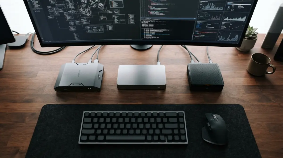Vue en plongée d'un bureau moderne avec trois dispositifs connectés à un écran ultra-large affichant des lignes de code et des logs.