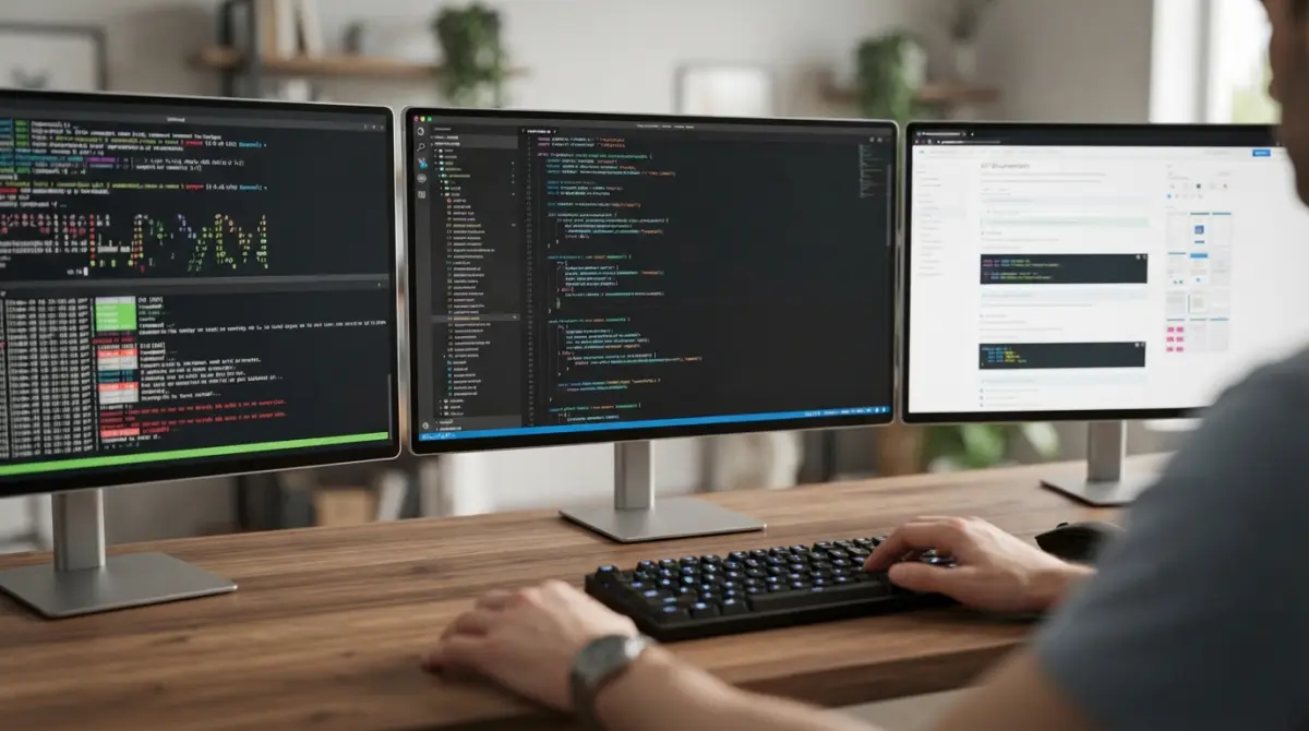 Trois écrans alignés affichant des lignes de code, des logs de terminal et une documentation d'API sur un bureau en bois.