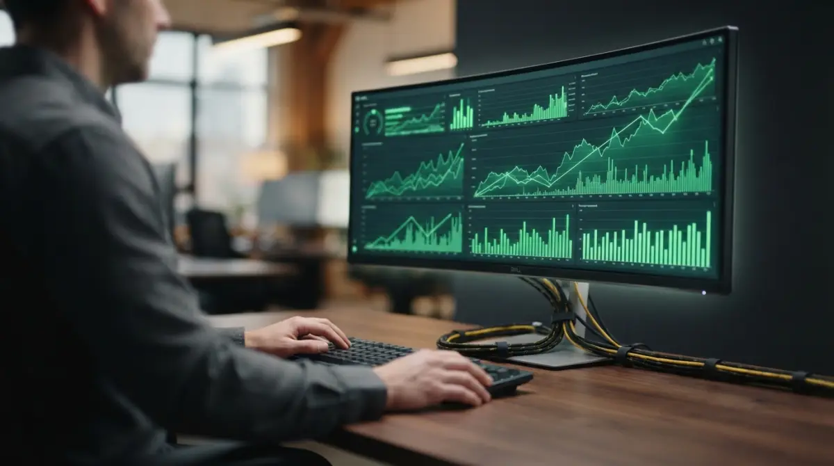 Un moniteur affichant des graphiques de performance web en vert avec une silhouette floue travaillant à l'arrière-plan.