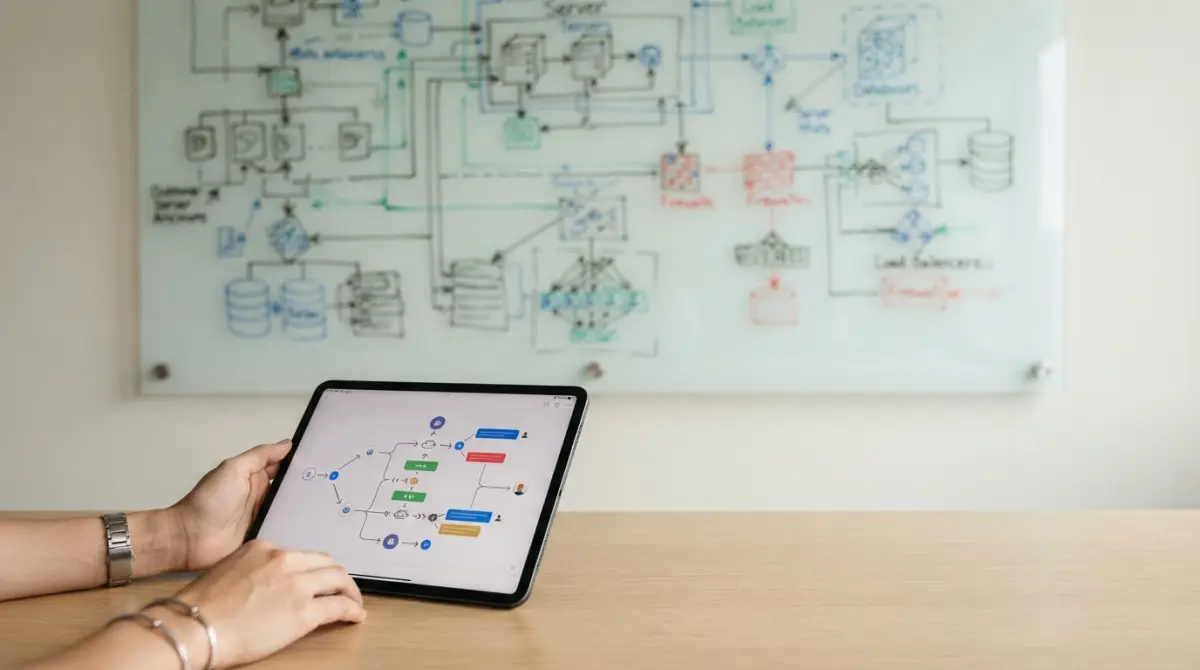 Schéma d'architecture technique sur un tableau blanc en verre, avec un flux de conversation chatbot visible sur une tablette.