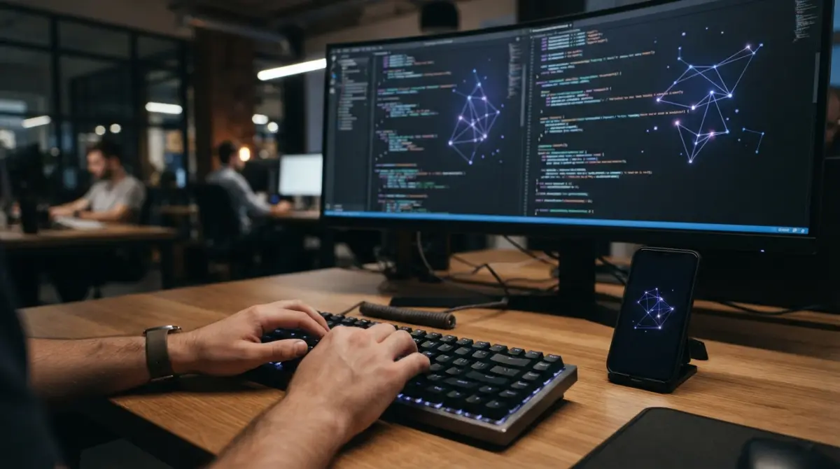 Clavier mécanique et écran affichant du code SQL et des données vectorielles sur un bureau en bois, vue détaillée.