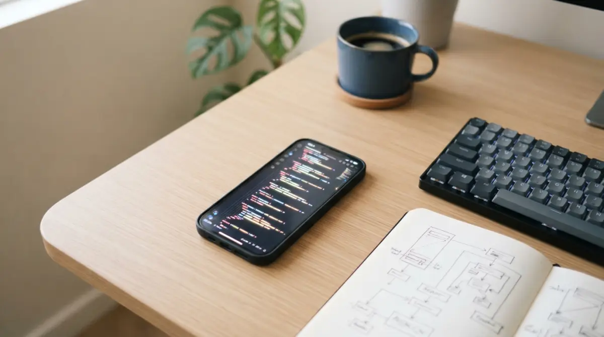 Un smartphone posé sur un bureau minimaliste affichant du code React Native, accompagné d'un carnet technique et d'un clavier.