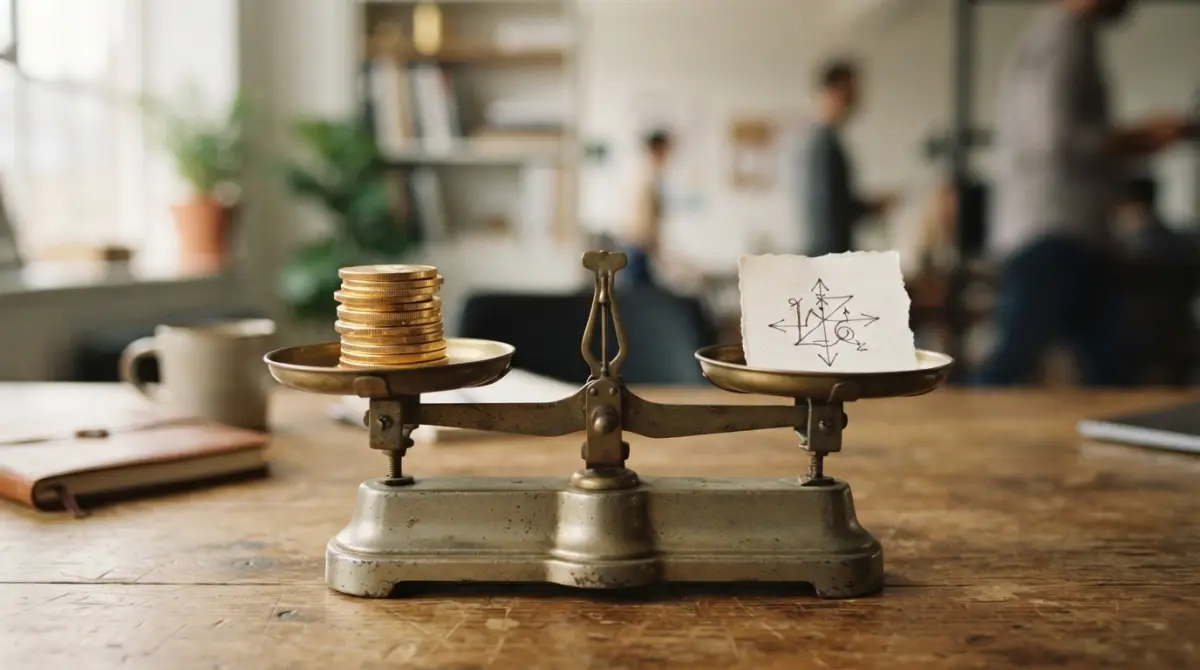 Une balance analogique sur un bureau compare des pièces d'or à une simple feuille de papier portant une instruction manuscrite.