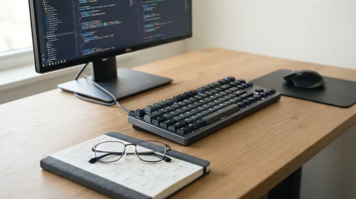 Un bureau minimaliste avec un clavier, un moniteur affichant du code complexe et un carnet technique annoté.