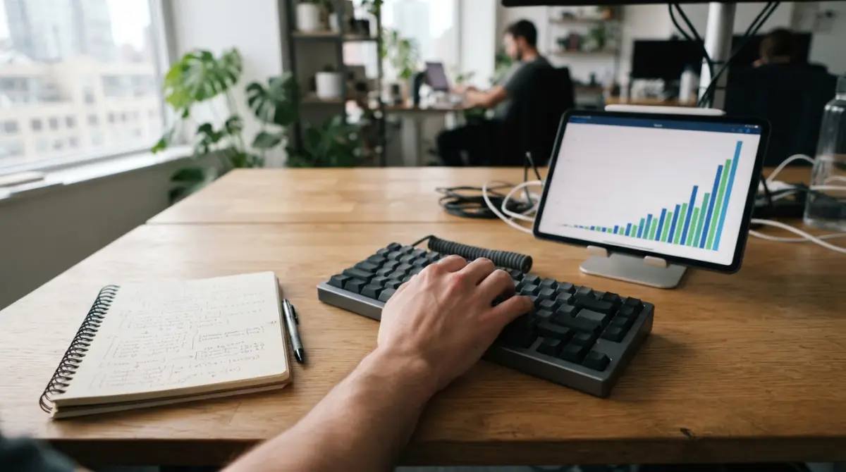 Vue rapprochée d'un bureau avec un clavier, des notes de code manuscrites et une tablette affichant un graphique de productivité.