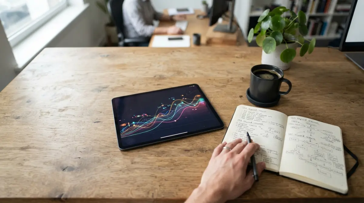 Un bureau en bois moderne avec une tablette affichant des graphiques de données SEO et un carnet de notes manuscrit.