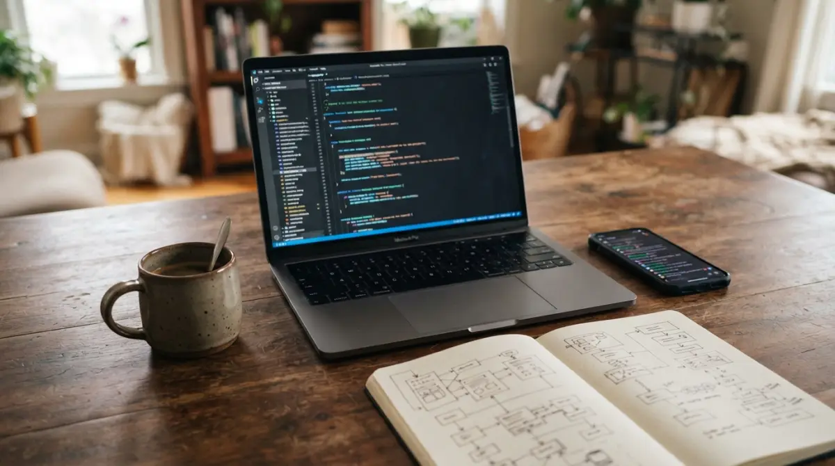 Un bureau ordonné avec un ordinateur portable affichant du code PHP, un smartphone avec une interface de chat et un carnet technique.