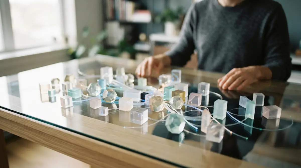 Vue en plongée d'un bureau avec des blocs géométriques translucides reliés par des fibres optiques, symbolisant les nouvelles fonctionnalités JavaScript.