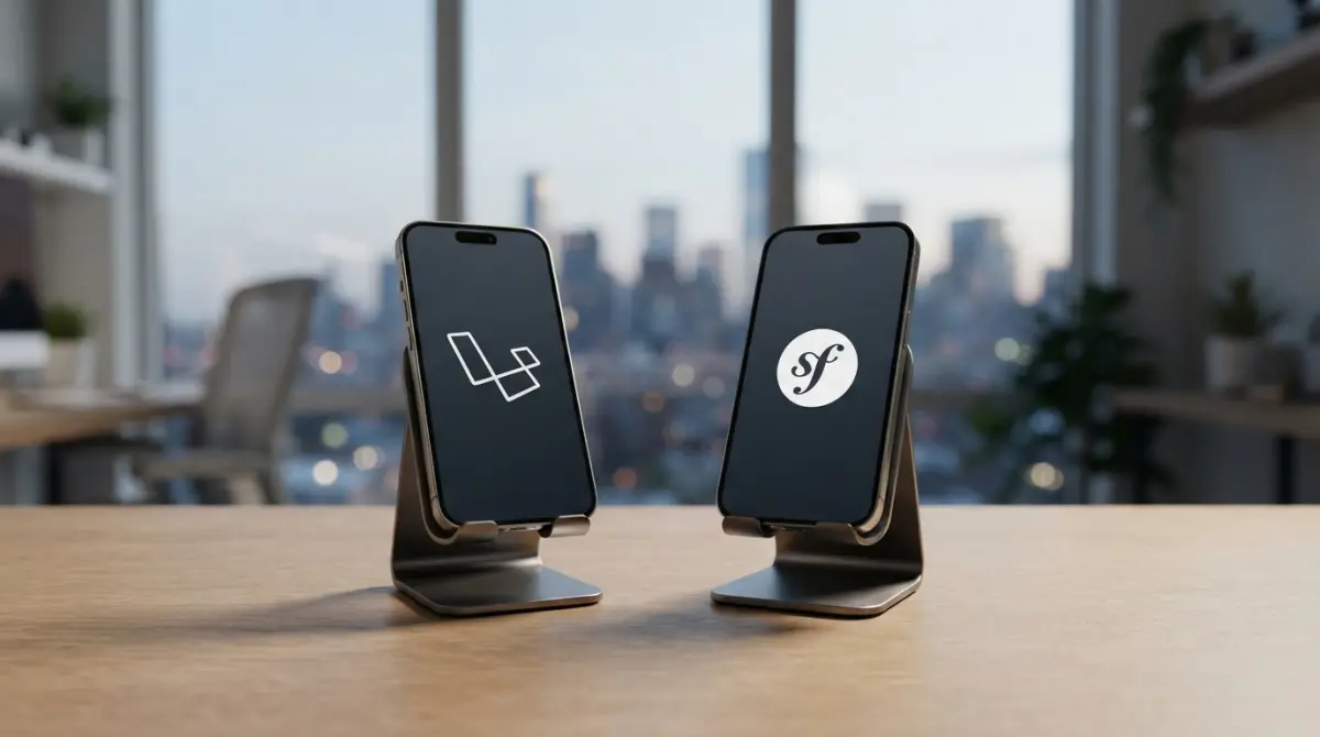 Deux smartphones sur des supports exposant les logos de Laravel et Symfony posés sur un bureau en bois moderne.