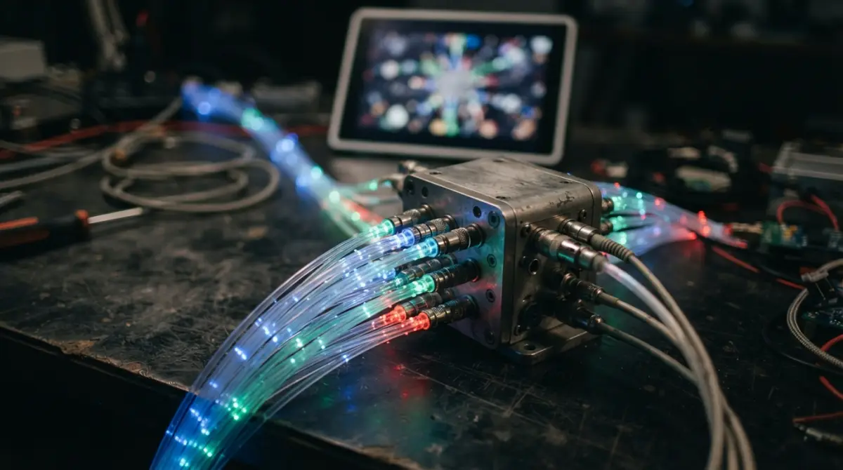 Vue rapprochée d'un réseau de câbles à fibre optique lumineux connectés à un hub métallique central sur un bureau sombre.