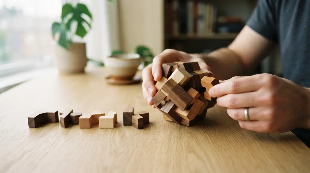 Puzzle en bois en cours de démontage sur un bureau, illustrant la séparation progressive d'un bloc monolithique en éléments distincts.