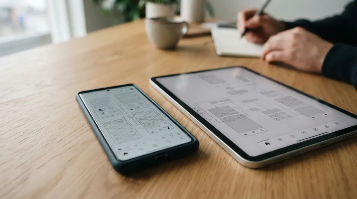 Vue en plongée d'un smartphone sur un bureau en bois montrant une interface d'application mobile avec ses menus de navigation.