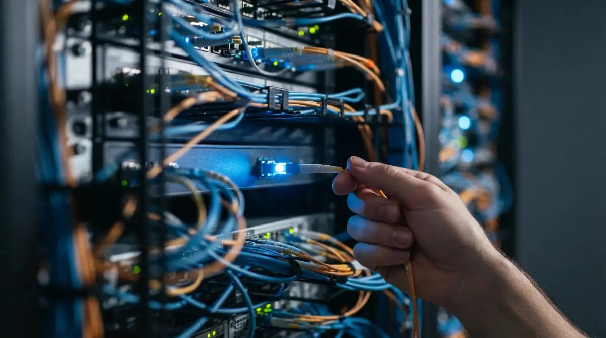 Vue détaillée de câbles à fibre optique dans une baie serveur, symbolisant la vitesse et la gestion asynchrone des flux de données.