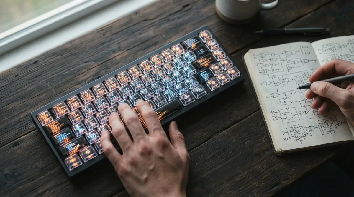 Clavier mécanique avec des touches transparentes affichant des lignes de code sur un bureau en bois sombre avec un carnet technique.