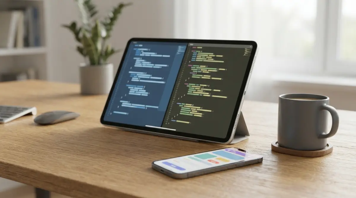 Une tablette affichant simultanément du code Flutter et React Native avec un smartphone au centre montrant une application.