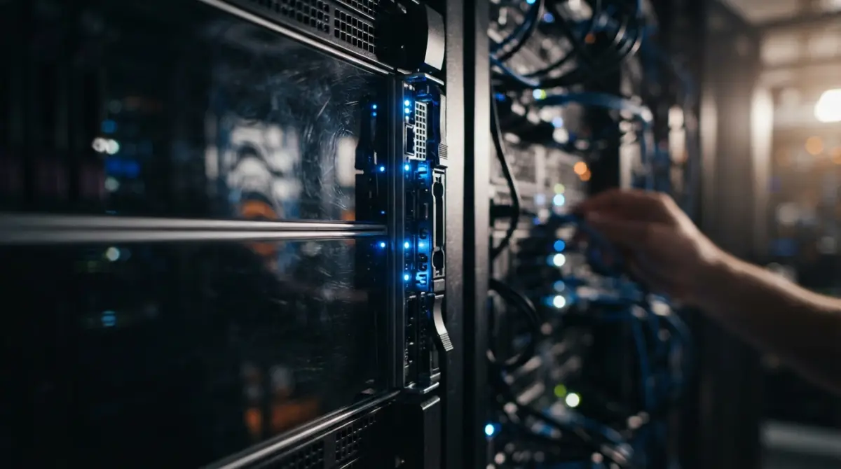 Baie de serveurs informatiques moderne avec des voyants bleus, reflétant une structure de code sur une surface métallique.