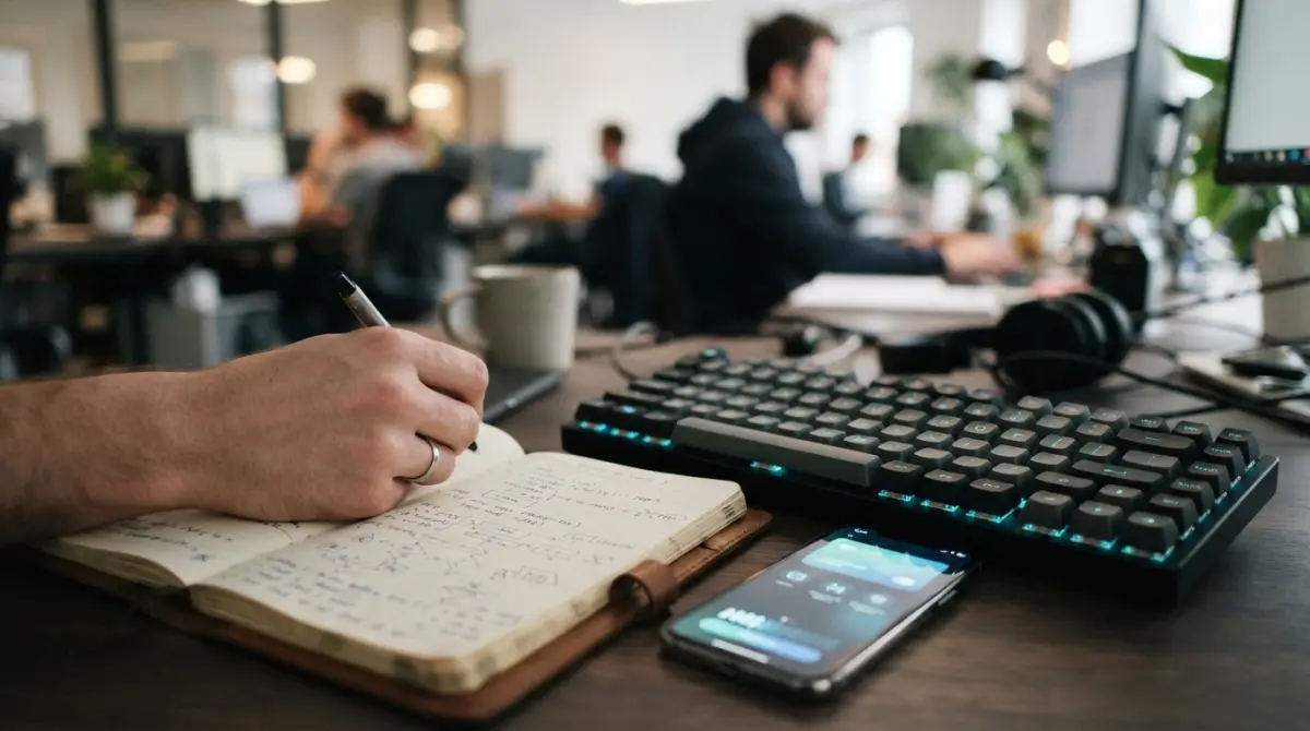 Un clavier mécanique moderne et un smartphone affichant une notification de paiement réussie à côté d'un carnet de code PHP.