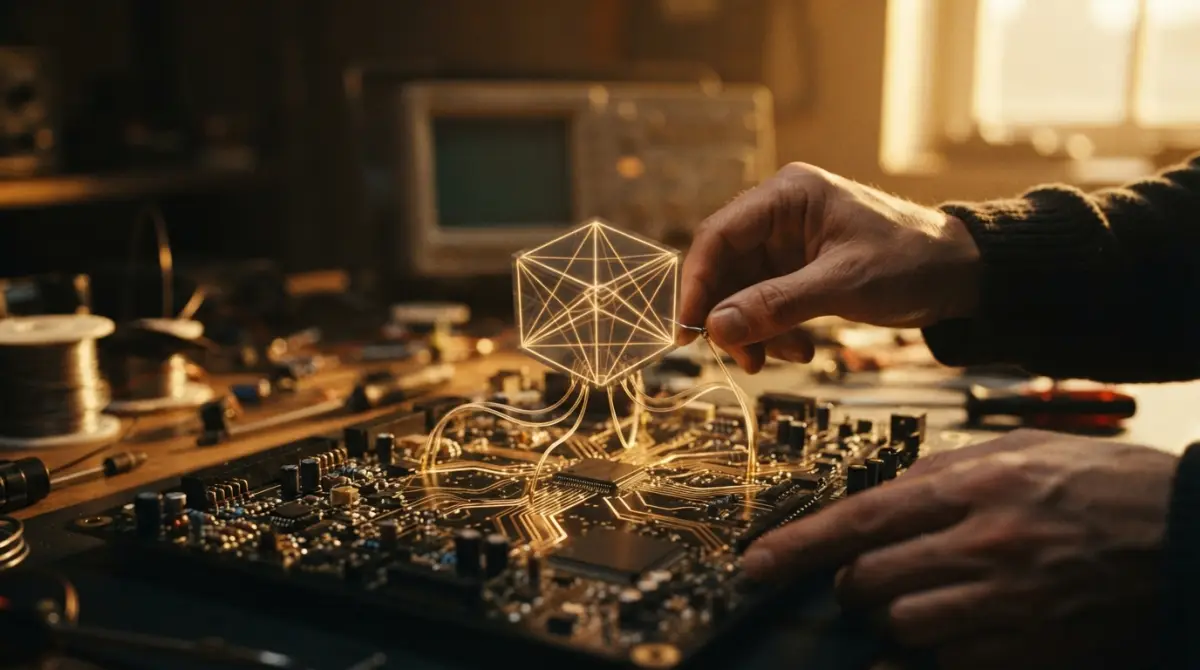 Un circuit imprimé complexe avec des traces dorées reliées à un cube géométrique flottant, symbolisant une architecture de données structurée.