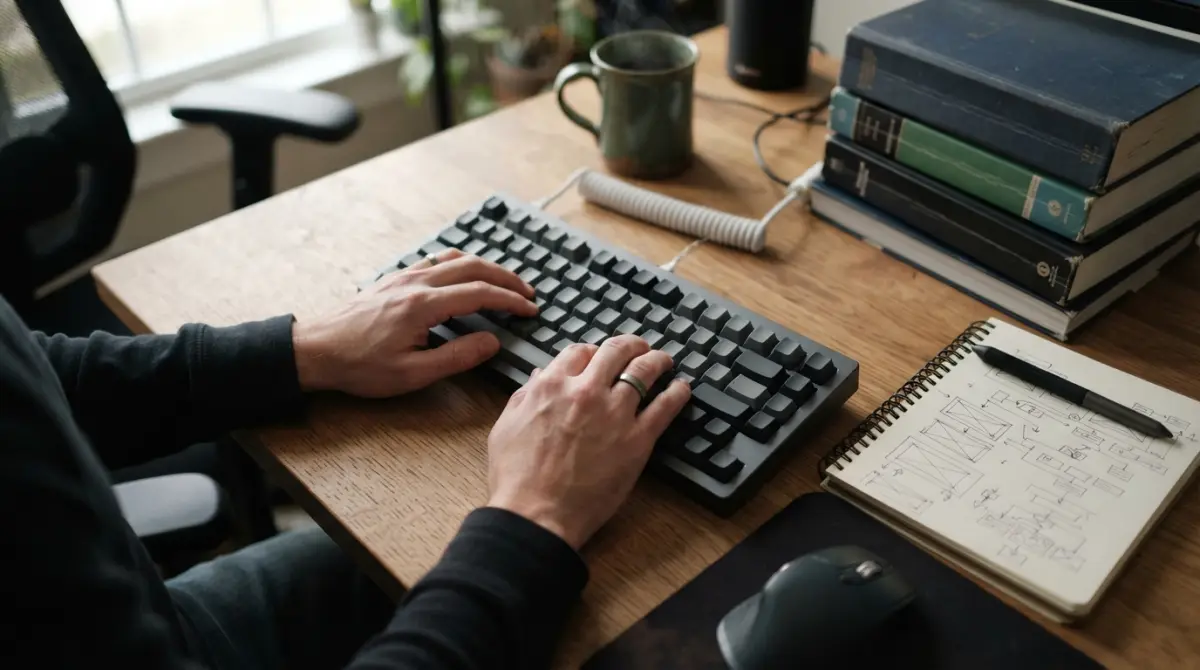 Un bureau moderne avec un clavier mécanique, des livres techniques et un carnet ouvert présentant des schémas de code informatique.