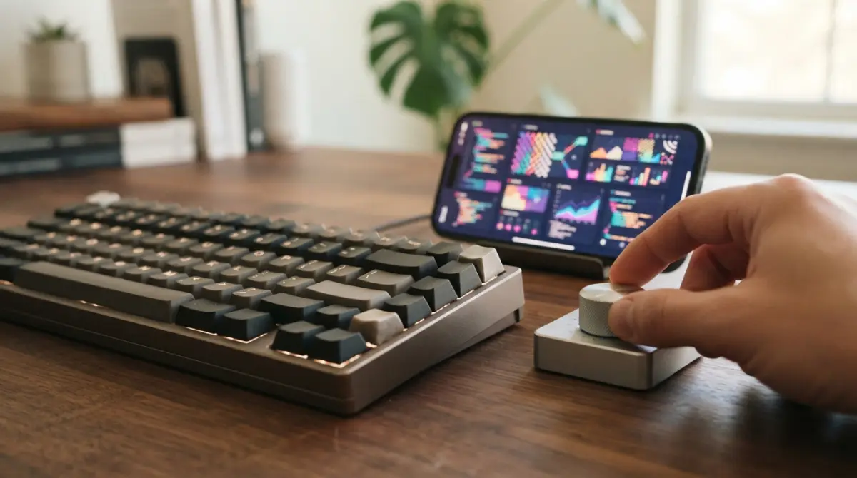 Vue macro d'un bureau moderne avec clavier mécanique, écran de smartphone affichant du code et un sélecteur tactile en arrière-plan flou.