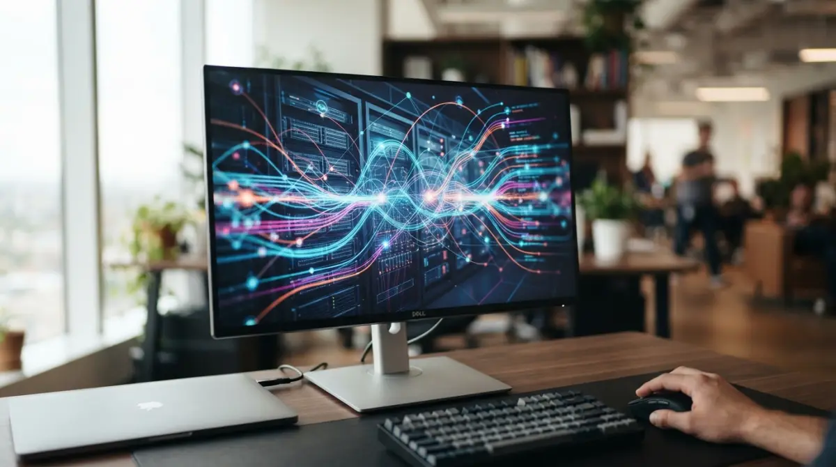 Un moniteur affichant des lignes de code JavaScript stylisées circulant à grande vitesse dans un rack de serveurs moderne.
