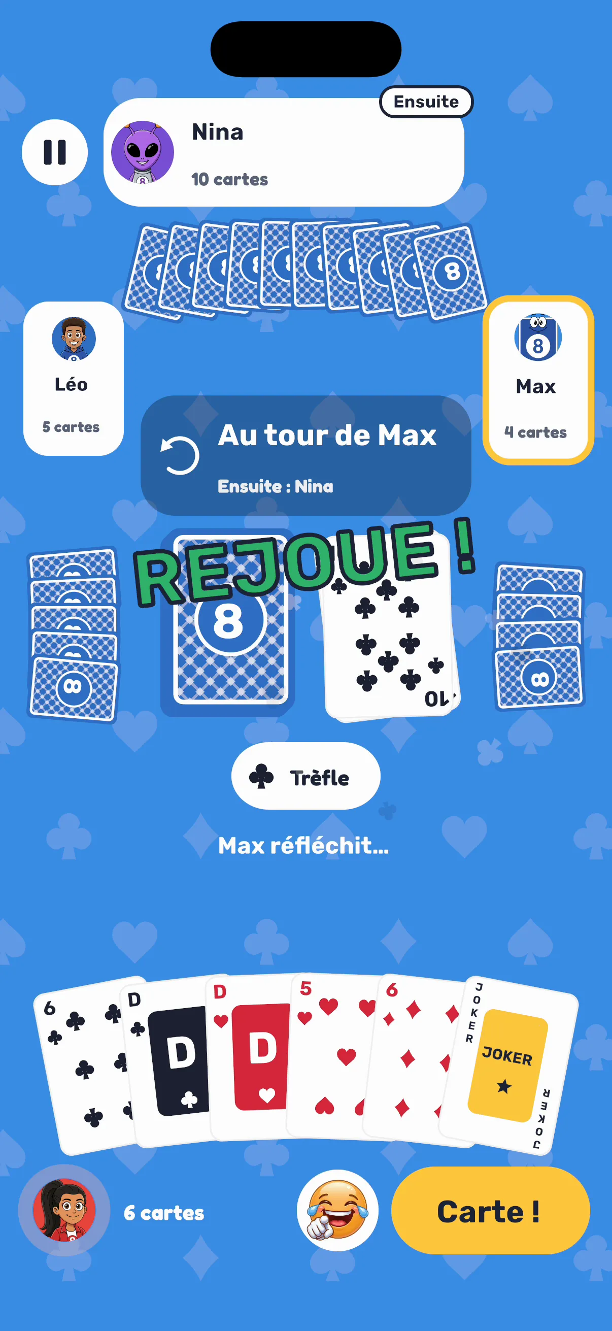 8 Américain: Duel, a four-player game on iPhone as a « Rejoue ! » (play again) appears