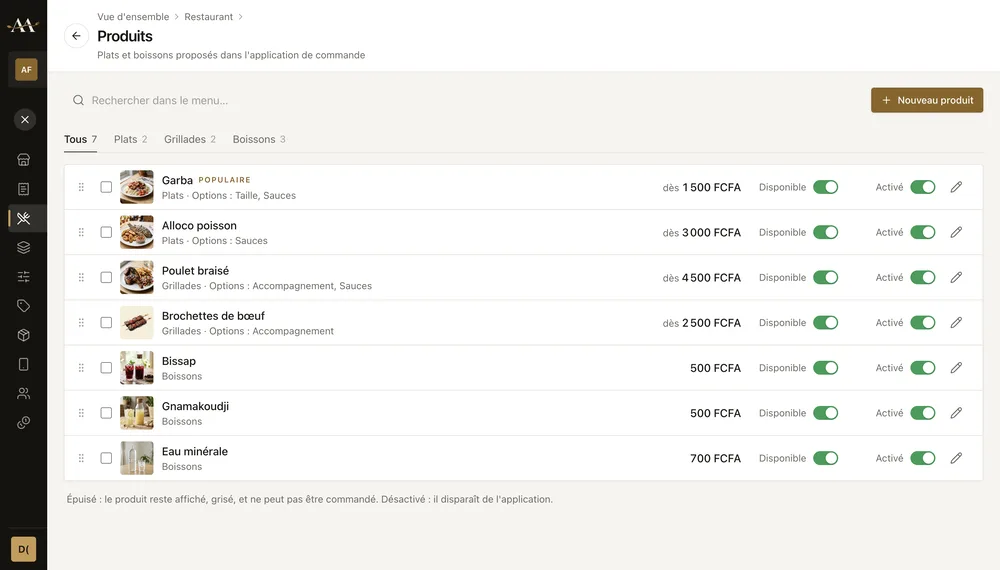 Liste des produits dans le panneau Restaurant d'AA Foods Gestion