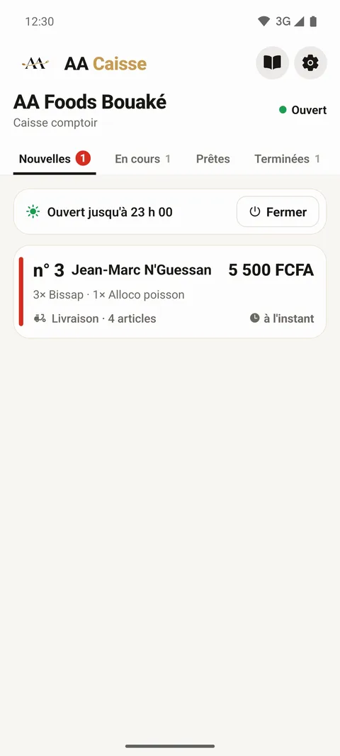 Liste des nouvelles commandes dans l'appli AA Caisse