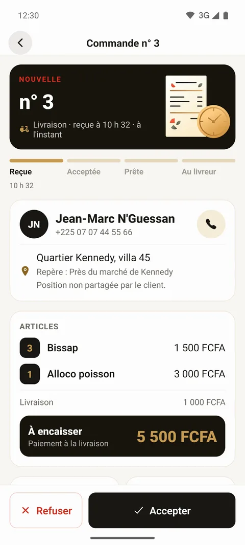 Commande reçue dans AA Caisse : client, adresse, articles, montant, accepter ou refuser