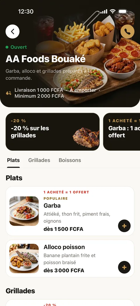 Menu d'un restaurant dans l'appli AA Foods, par rubriques avec photos et prix en FCFA
