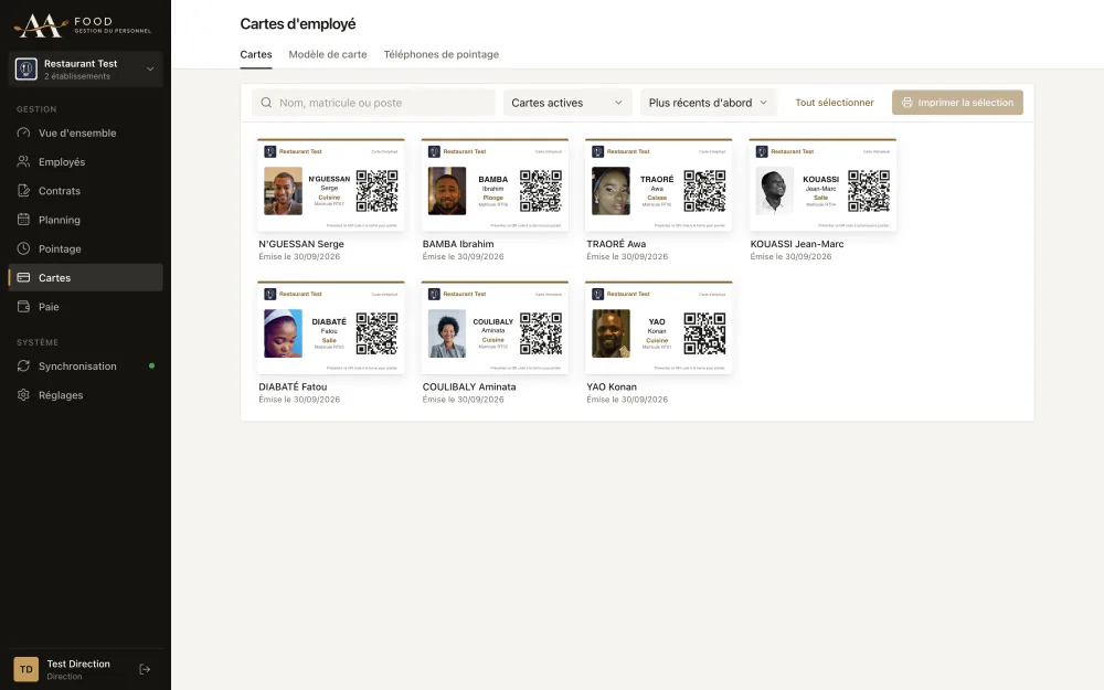 Planche de cartes d'employé avec photo et QR code