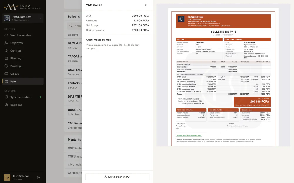 Bulletin de paie PDF avec cotisations, part patronale et net à payer