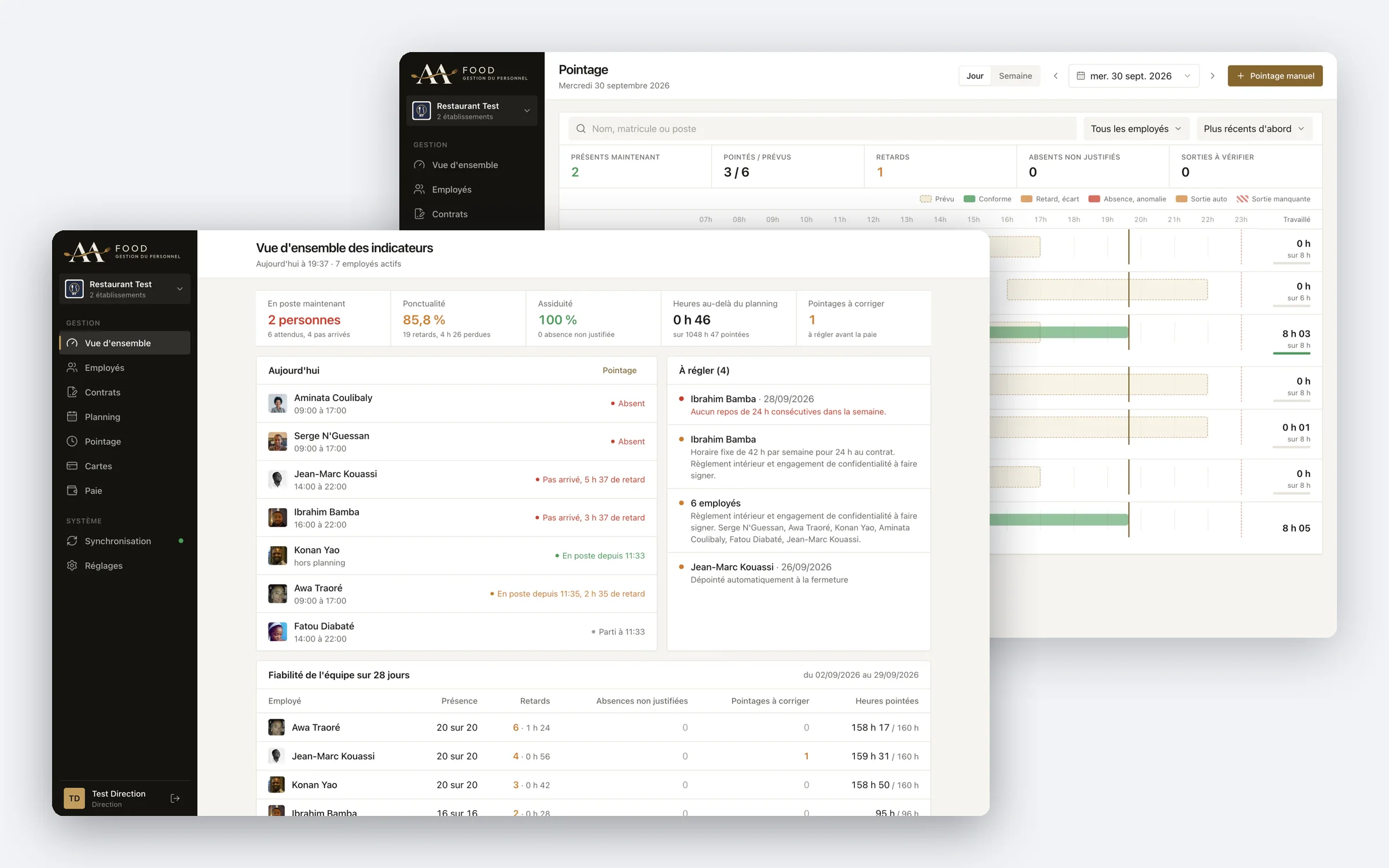 Logiciel AA Foods Gestion du personnel : vue d'ensemble, planning, pointage et bulletin de paie
