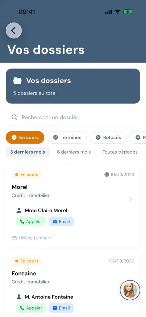 Liste des dossiers avec filtres d'état et de période