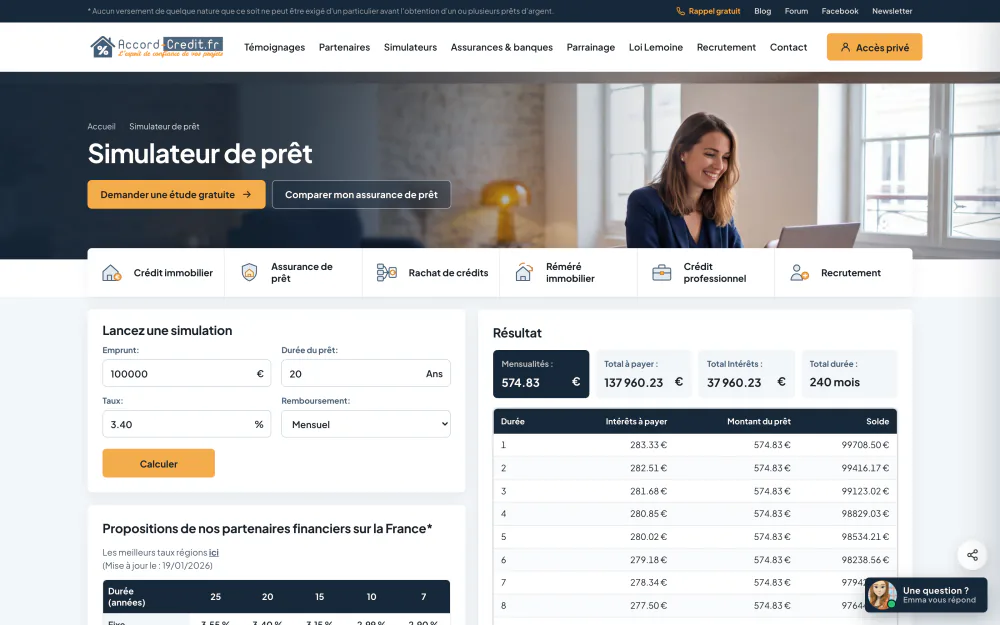 Simulateur de prêt avec résultat et tableau d'amortissement