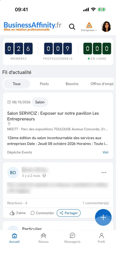Fil d'actualité de l'app BusinessAffinity.fr : compteurs, événements et publications