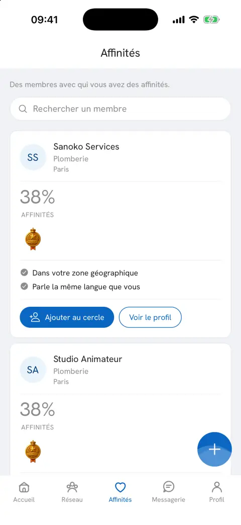 Écran Affinités de l'app BusinessAffinity.fr : matching par score et critères