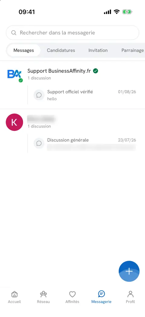 Messagerie de l'app BusinessAffinity.fr : messages, candidatures, invitations et parrainage