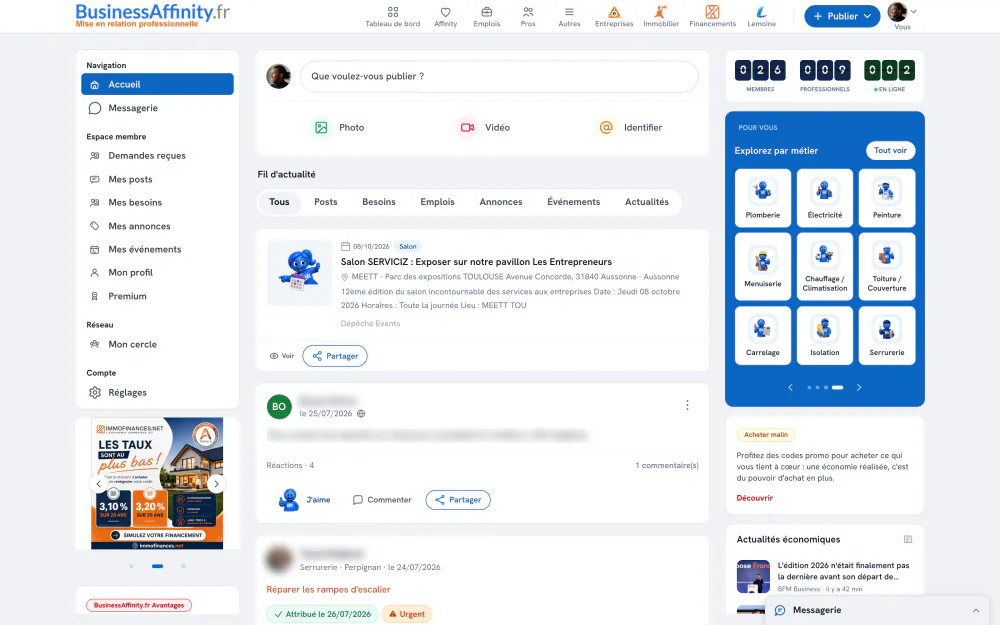 Fil d'actualité connecté de BusinessAffinity.fr : publications, besoins, événements et métiers
