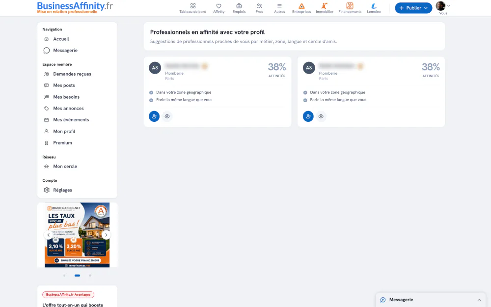 Matching BusinessAffinity.fr : professionnels en affinité avec le profil et score d'affinité