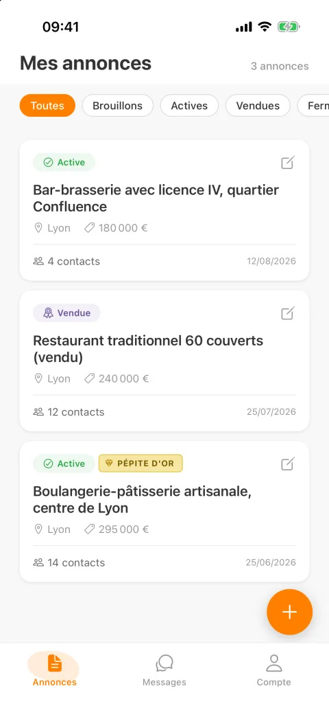 Application : espace cédant avec annonces actives et vendues