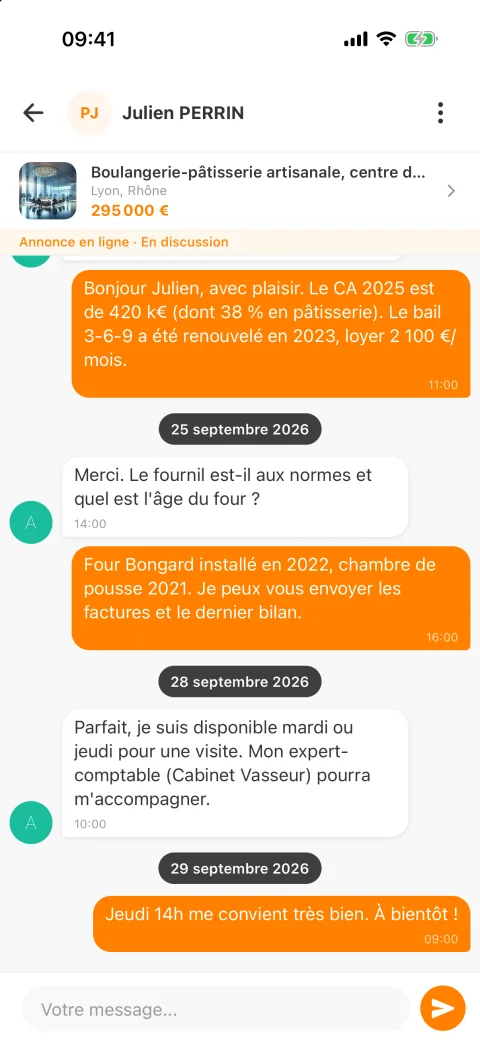 Application : messagerie entre cédant et repreneur