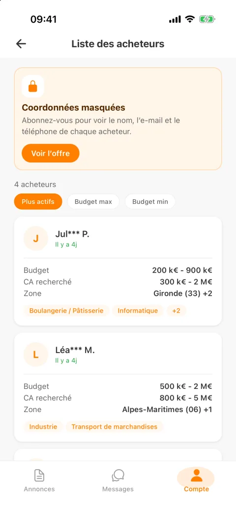 Application : repreneurs correspondants avec budget et zones