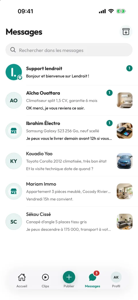 Messagerie de l'app Lendroit : échanges par annonce avec acheteurs et boutiques